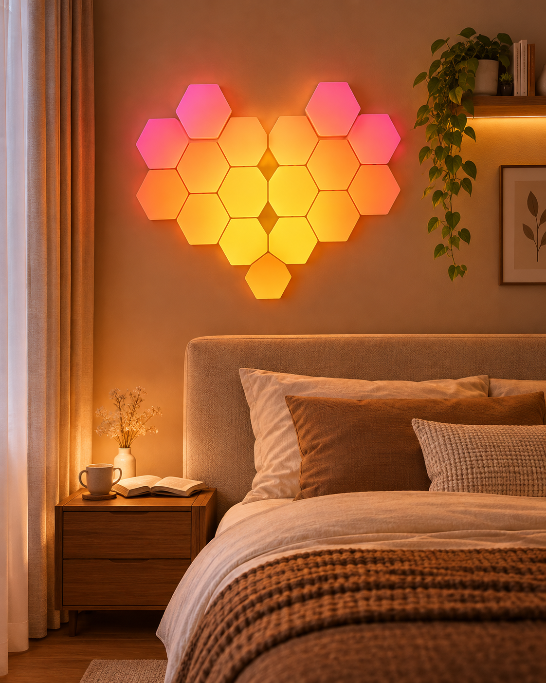 12-piece hexagon RGB smart wall lights arranged on a bedroom wall