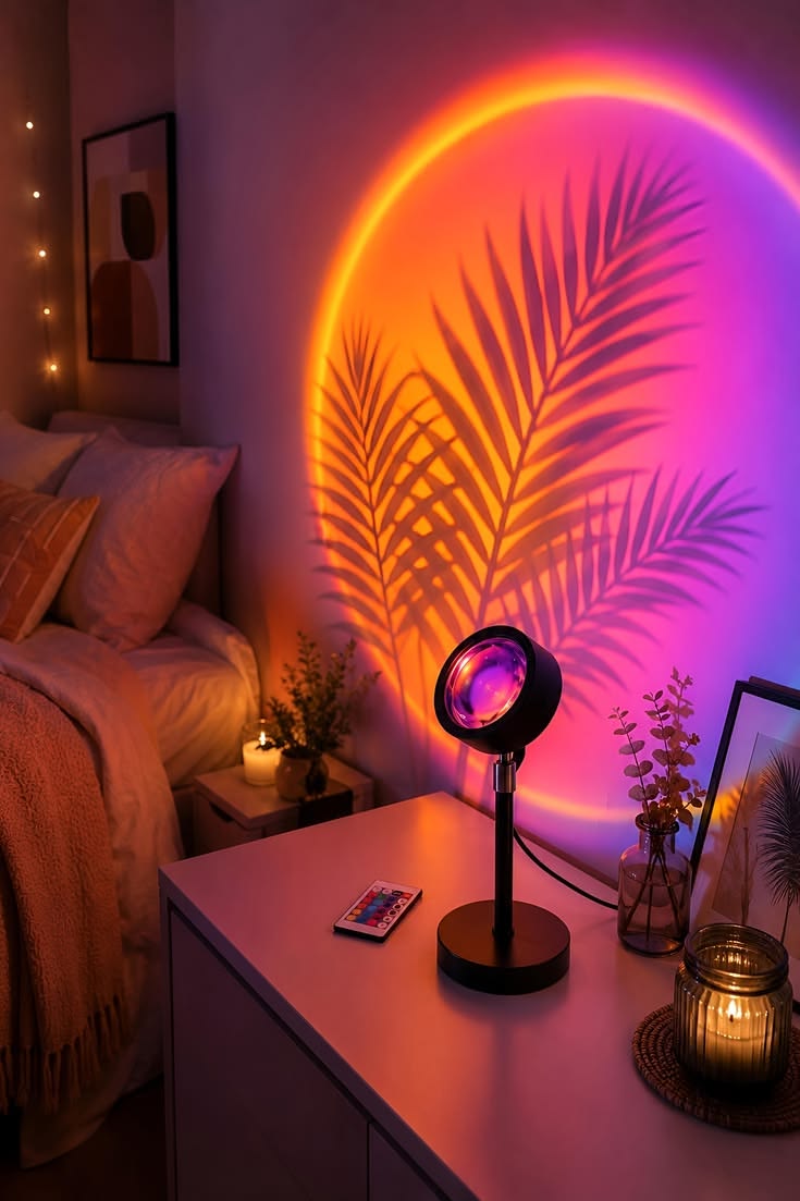 Modern sunset lamp glowing on a bedroom nightstand