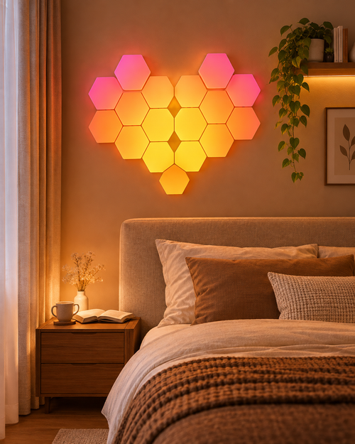 12-piece hexagon RGB smart wall lights arranged on a bedroom wall