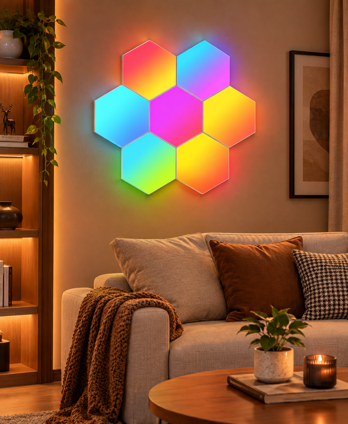 Smart hexagon wall lights arranged as a geometric wall display