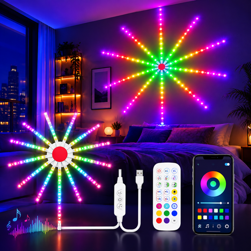 RGB firework LED strip lights displaying colorful effects