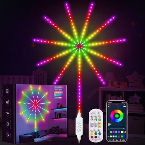 RGB firework strip lights arranged on a wall